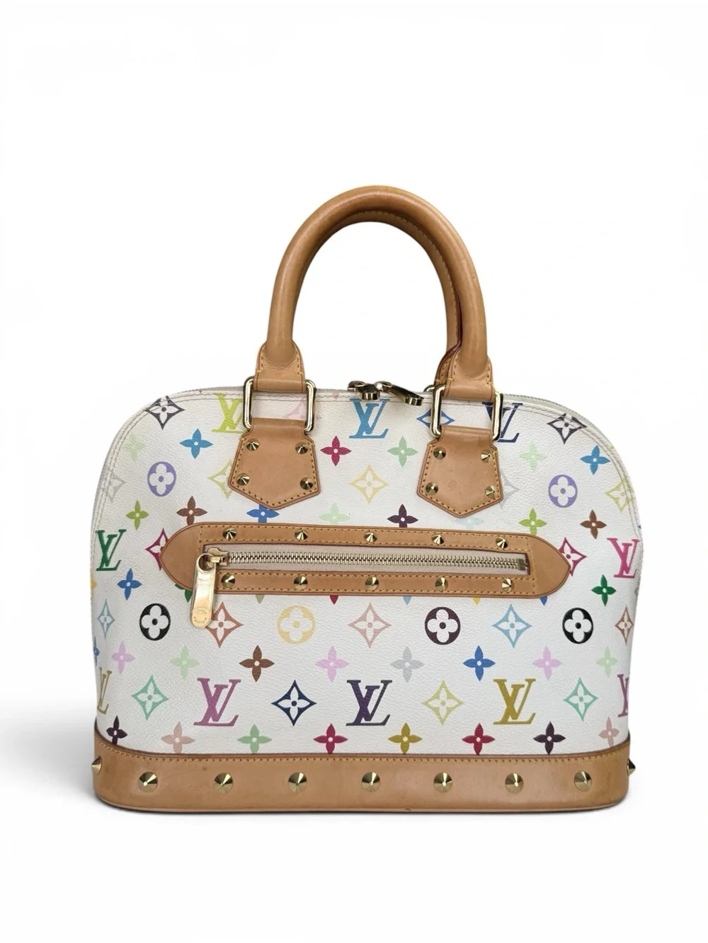 Louis Vuitton White Multicolor Monogram Alma Satchel with Tan Trim